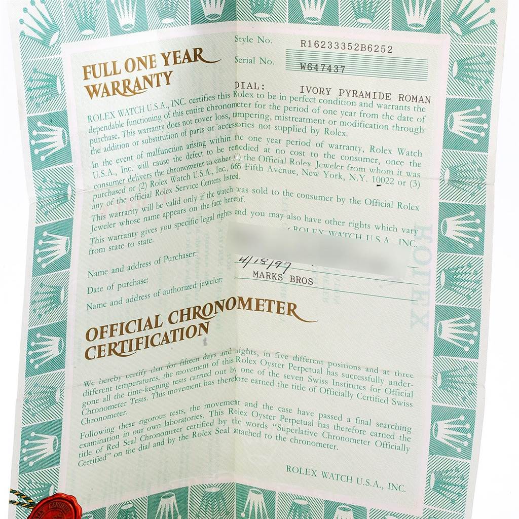 This image shows a warranty and certification document for a Rolex Datejust 16233 Men's Steel and Gold (two tone) Beige Dial 16233 Men's Steel and Gold (two tone) Beige Dial model watch.