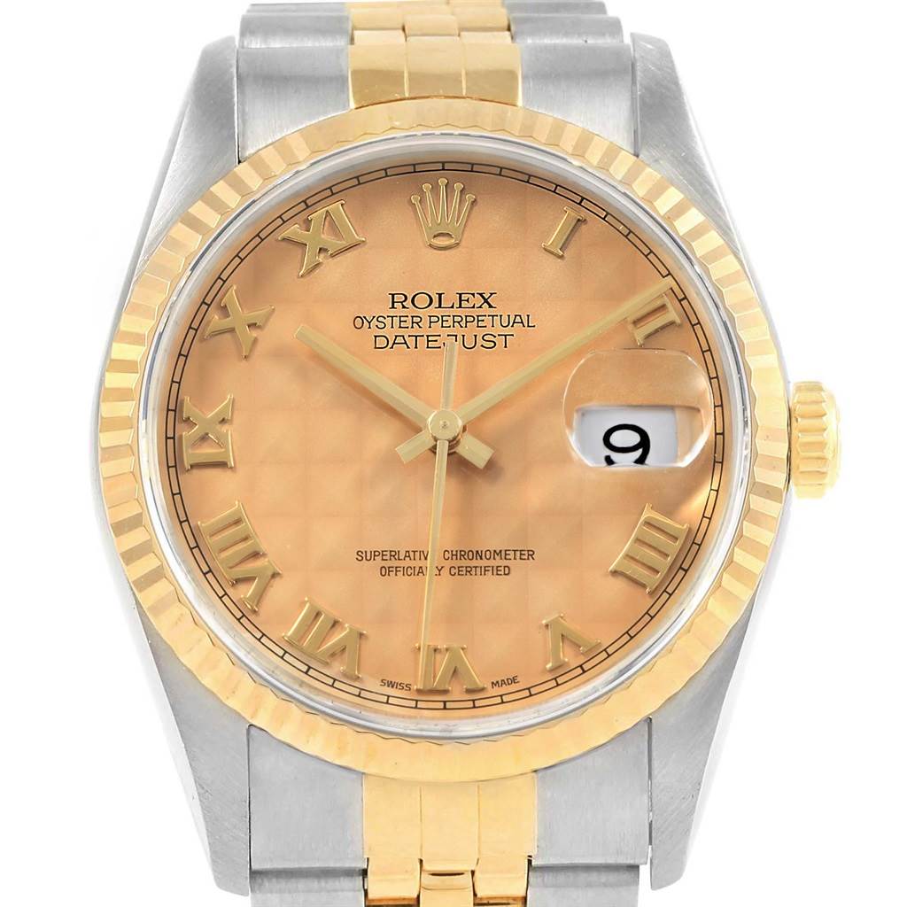 This is a front view of a Rolex Datejust 16233 Men's Steel and Gold (two tone) Beige Dial 16233 Men's Steel and Gold (two tone) Beige Dial watch showing the dial, hands, date window, bezel, and part of the bracelet.