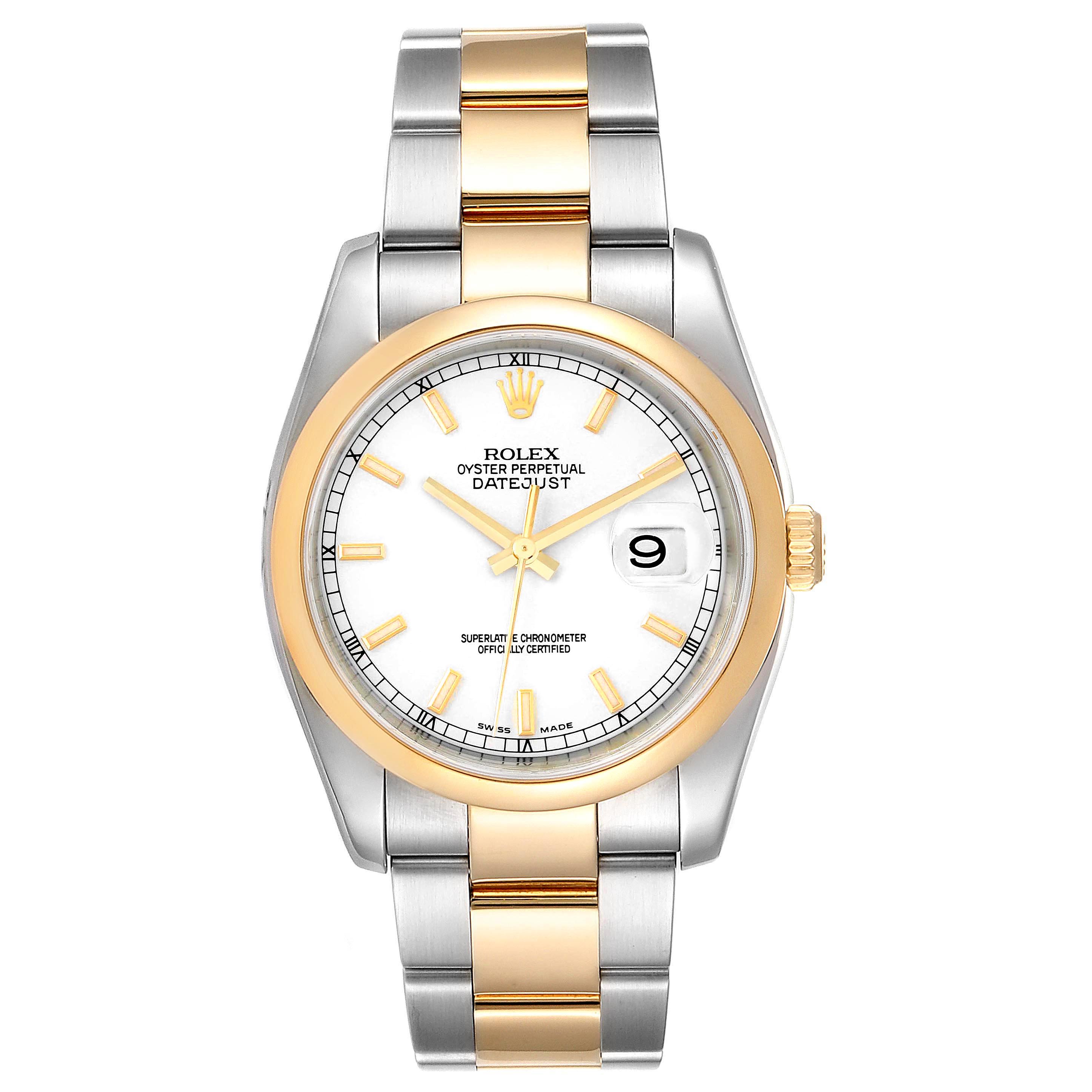 The image shows a front view of the Rolex Datejust 116203 Men's Stainless Steel White Dial 116203 Men's Stainless Steel White Dial watch, displaying the dial, bezel, crown, and bracelet.