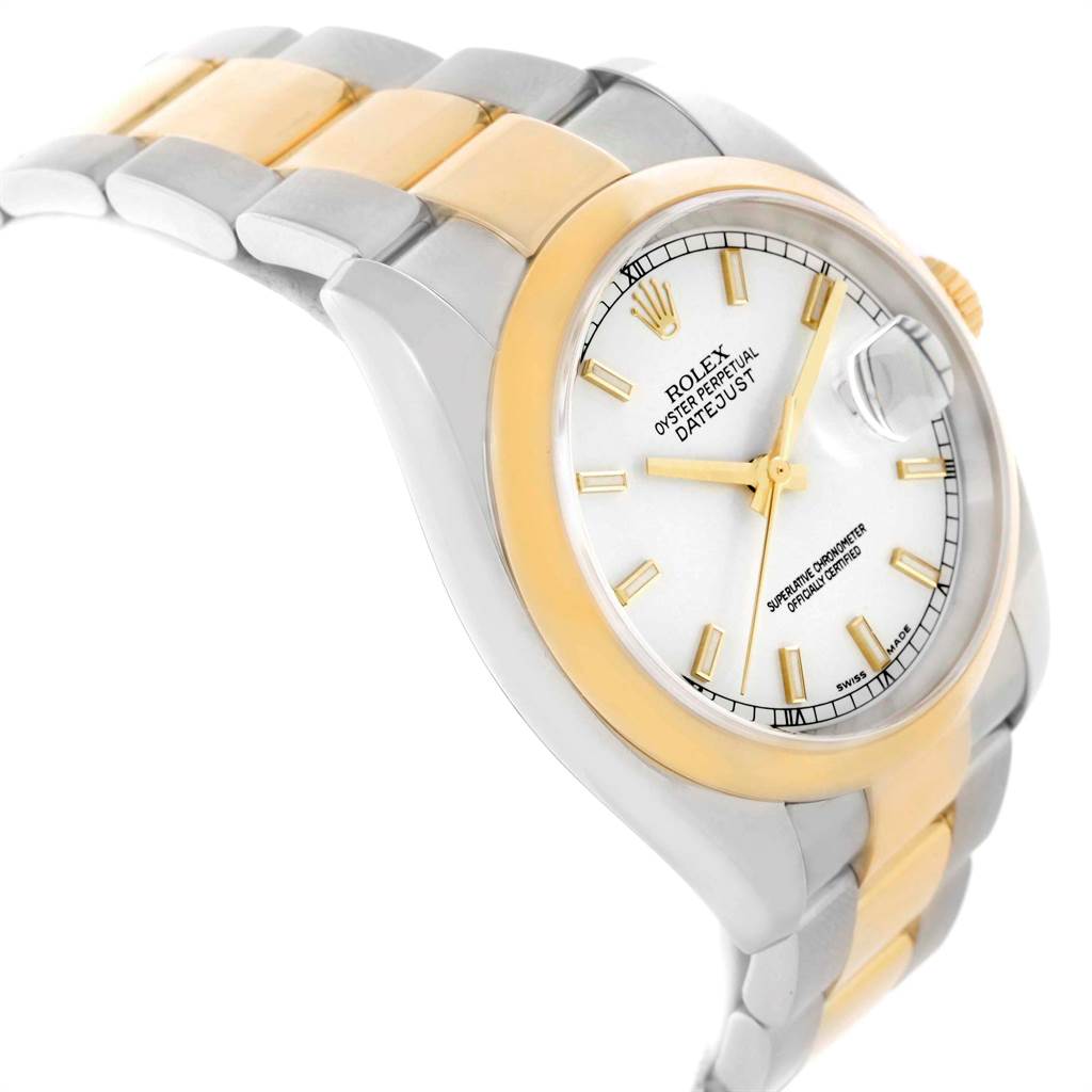 The Rolex Datejust 116203 Men's Stainless Steel White Dial 116203 Men's Stainless Steel White Dial watch is shown at an angle highlighting the face, bezel, and two-tone bracelet.
