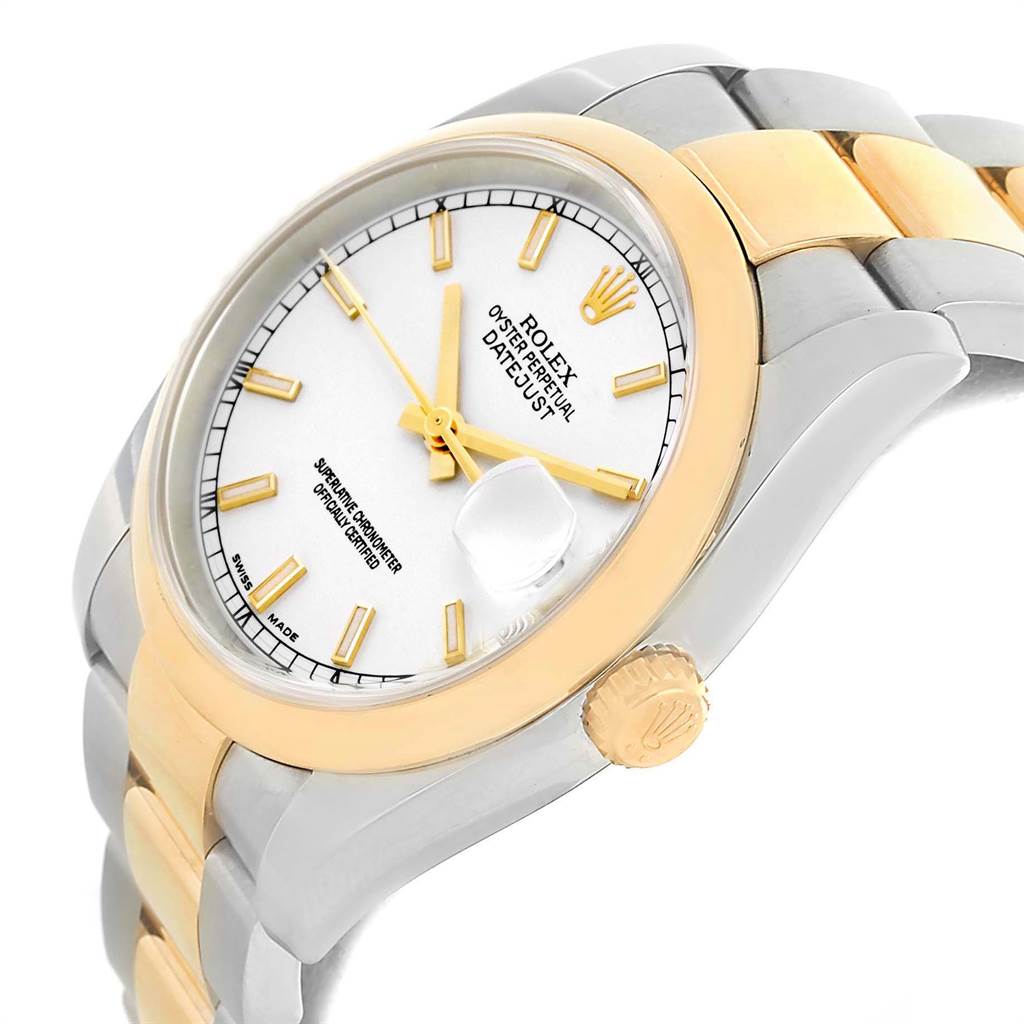 The image shows a close-up side angle of the Rolex Datejust 116203 Men's Stainless Steel White Dial 116203 Men's Stainless Steel White Dial watch, highlighting its crown, dial, bracelet, and case.