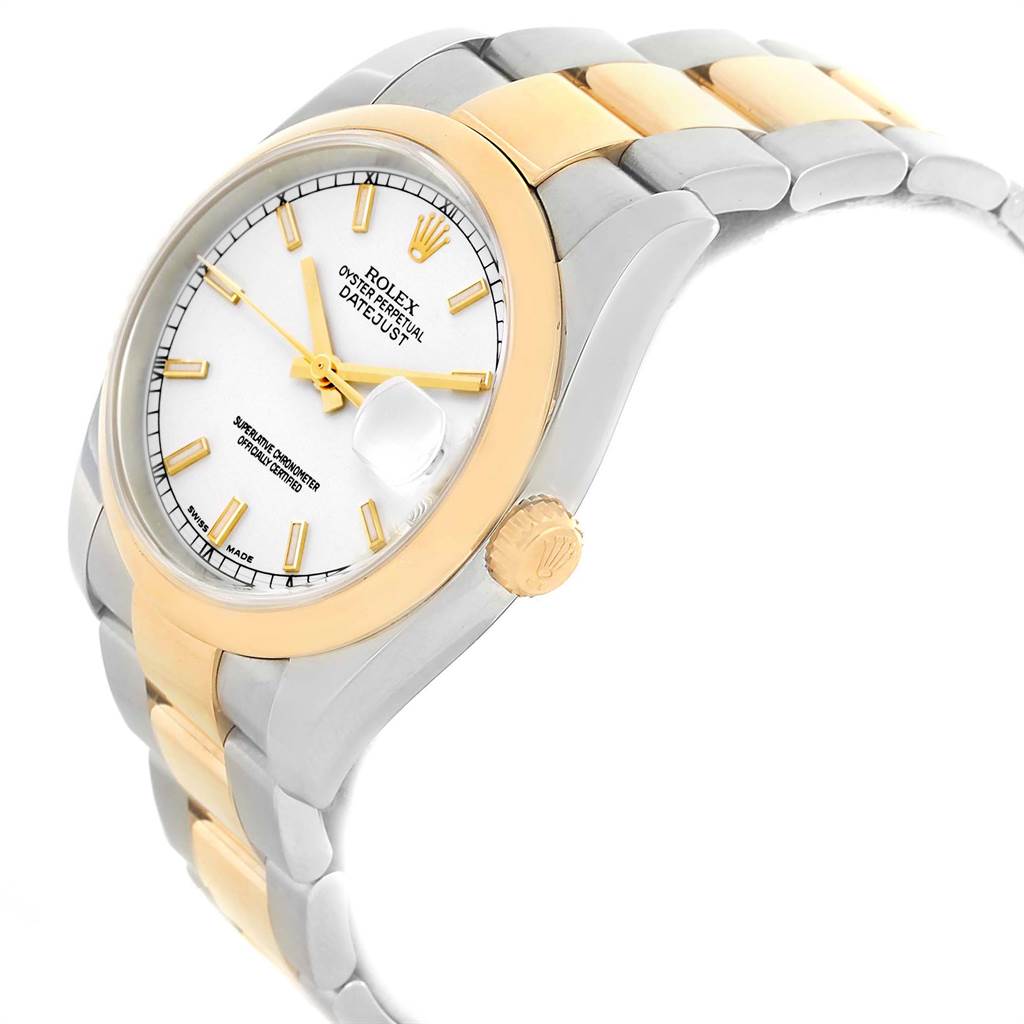 The image shows a Rolex Datejust 116203 Men's Stainless Steel White Dial 116203 Men's Stainless Steel White Dial watch from a three-quarter angle, featuring the face, bezel, crown, and part of the bracelet.