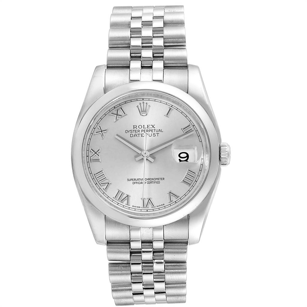 This is a front view of the Rolex Datejust 116200 Men's Stainless Steel Silver Dial 116200 Men's Stainless Steel Silver Dial watch, showing its silver dial, Roman numerals, and Jubilee bracelet.