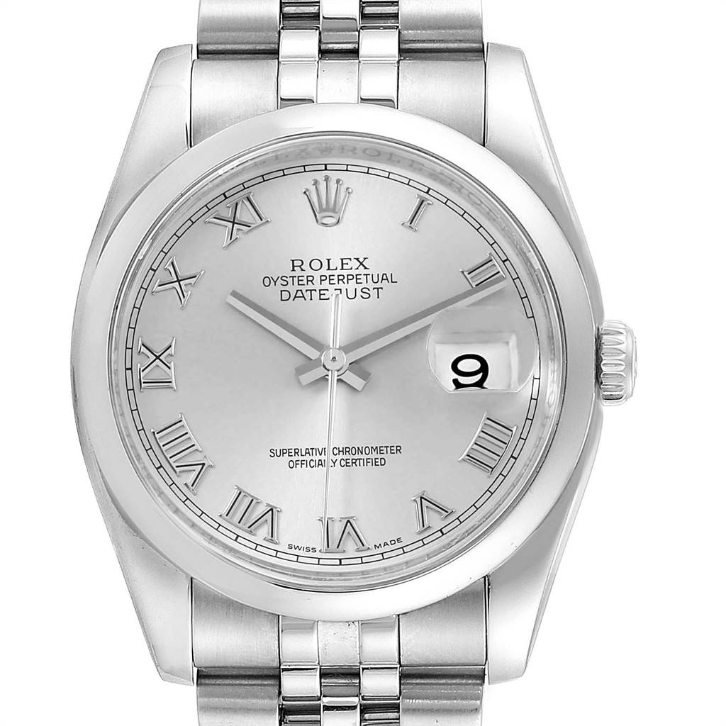 The image shows a frontal view of the Rolex Datejust 116200 Men's Stainless Steel Silver Dial 116200 Men's Stainless Steel Silver Dial watch displaying the face, bezel, and part of the bracelet.