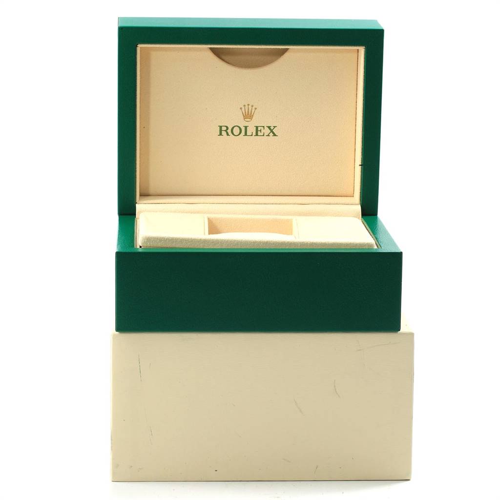 The image shows an open Rolex Datejust 116200 Men's Stainless Steel Silver Dial 116200 Men's Stainless Steel Silver Dial model watch box viewed from the front.