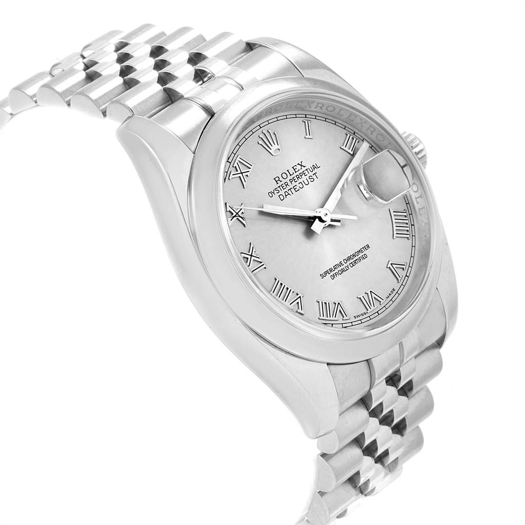The Rolex Datejust 116200 Men's Stainless Steel Silver Dial 116200 Men's Stainless Steel Silver Dial watch is shown at a three-quarter angle, highlighting the face, bezel, crown, and part of the bracelet.