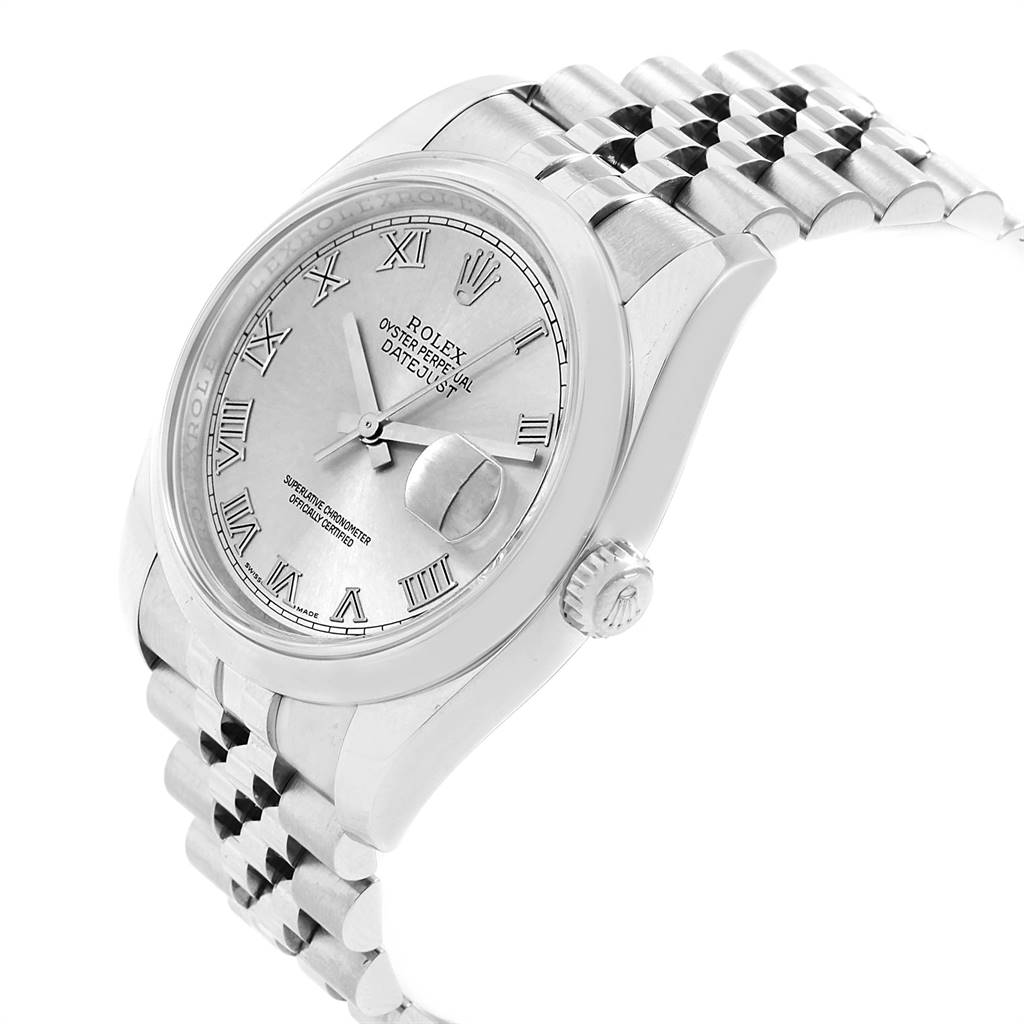 This image shows a Rolex Datejust 116200 Men's Stainless Steel Silver Dial 116200 Men's Stainless Steel Silver Dial watch at an oblique angle, highlighting the face, crown, and Jubilee bracelet.