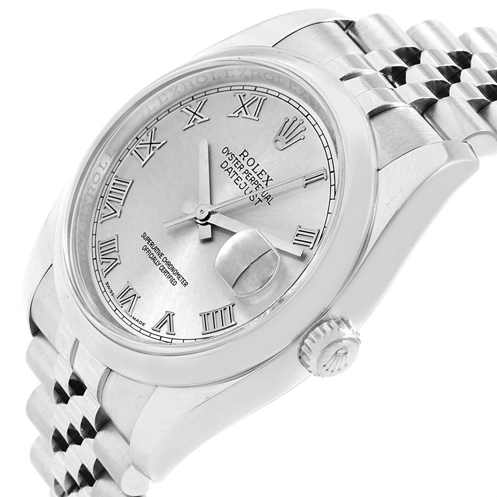 This image shows a Rolex Datejust 116200 Men's Stainless Steel Silver Dial 116200 Men's Stainless Steel Silver Dial watch angled from the front-right, highlighting the dial, bezel, crown, and part of the bracelet.