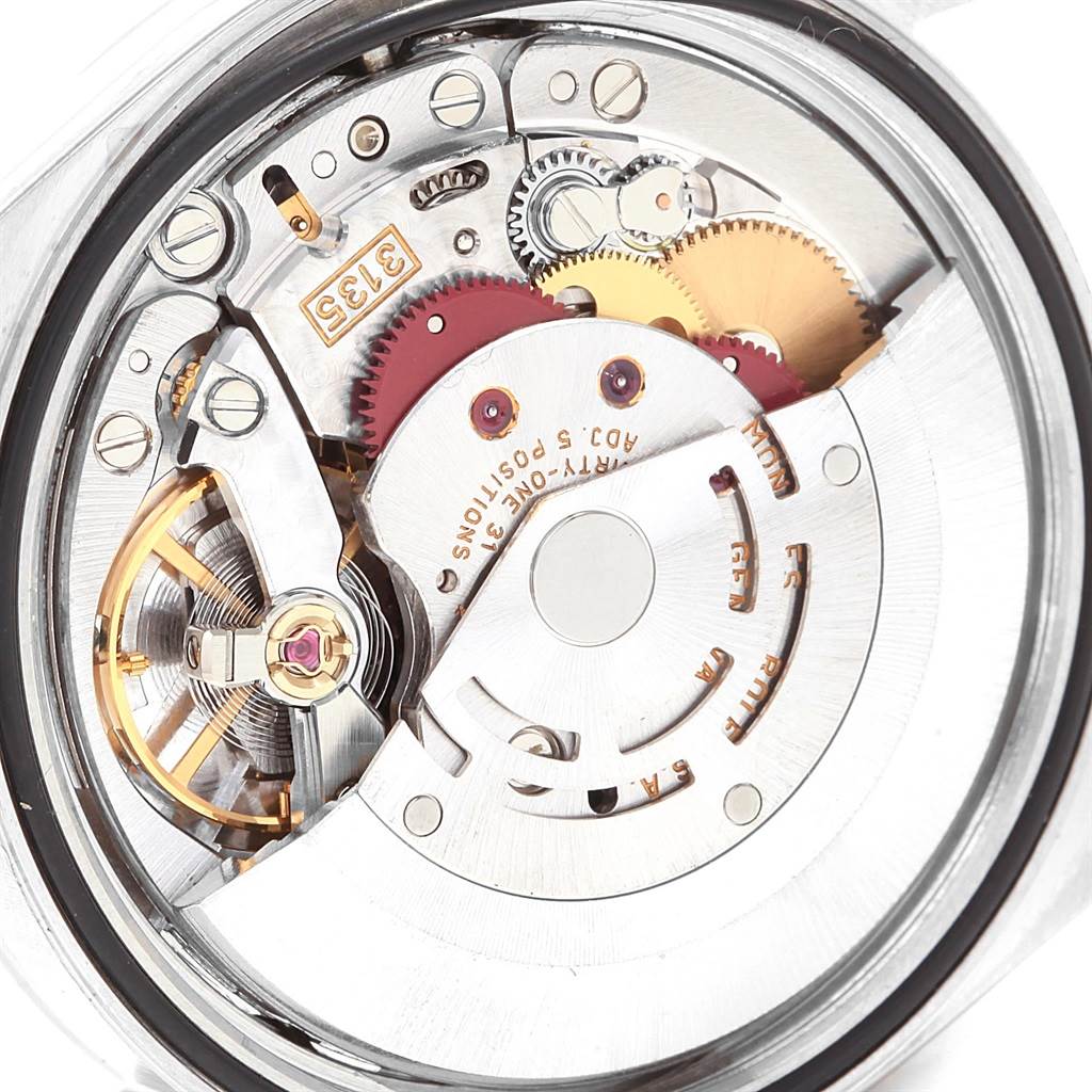 The image shows the inner mechanical movement components of the Rolex Datejust 16233 Men's Steel and Gold (two tone) Blue Dial 16233 Men's Steel and Gold (two tone) Blue Dial watch from the back.