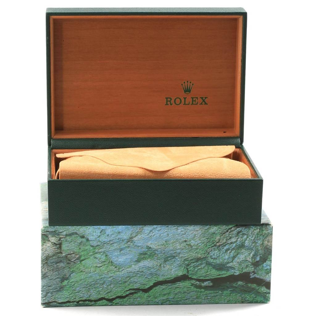 The image shows a Rolex Datejust 16233 Men's Steel and Gold (two tone) Blue Dial 16233 Men's Steel and Gold (two tone) Blue Dial watch box open, revealing a cushioned interior.