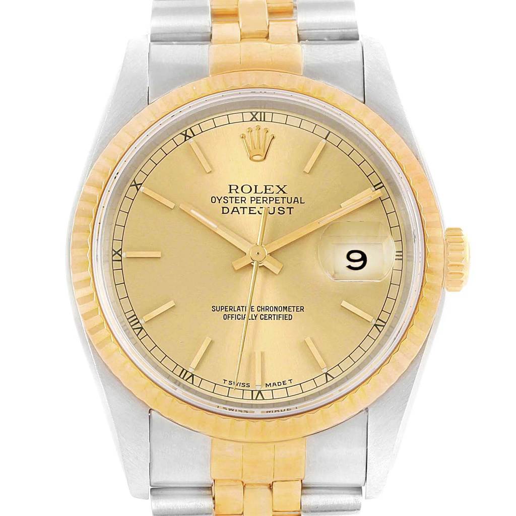 The Rolex Datejust 16233 Men's Steel and Gold (two tone) Champagne Dial 16233 Men's Steel and Gold (two tone) Champagne Dial watch is shown from a straight-on angle, displaying the dial, bezel, crown, and part of the bracelet.