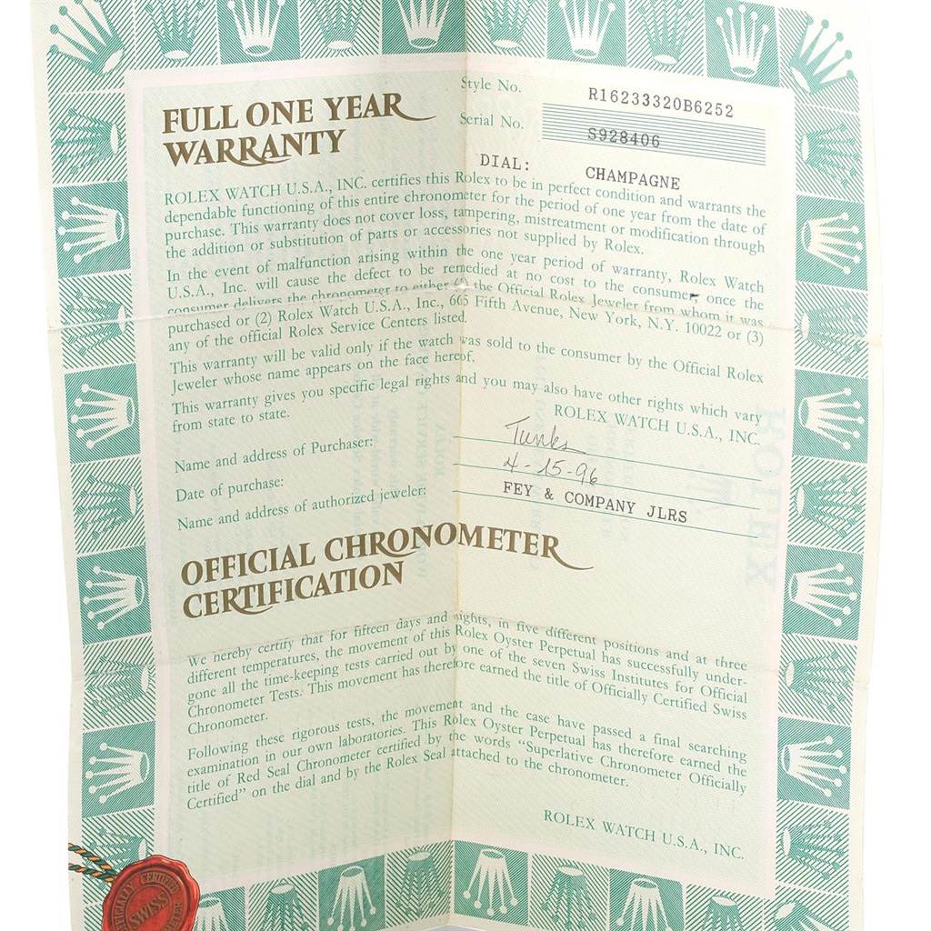 The image shows the warranty and certification document for a Rolex Datejust 16233 Men's Steel and Gold (two tone) Champagne Dial 16233 Men's Steel and Gold (two tone) Champagne Dial model.