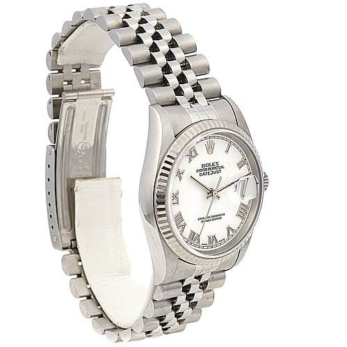 This image shows a Rolex Datejust 16234 Men's Stainless Steel White Dial 16234 Men's Stainless Steel White Dial watch from a three-quarters angle, highlighting the face, fluted bezel, and Jubilee bracelet.