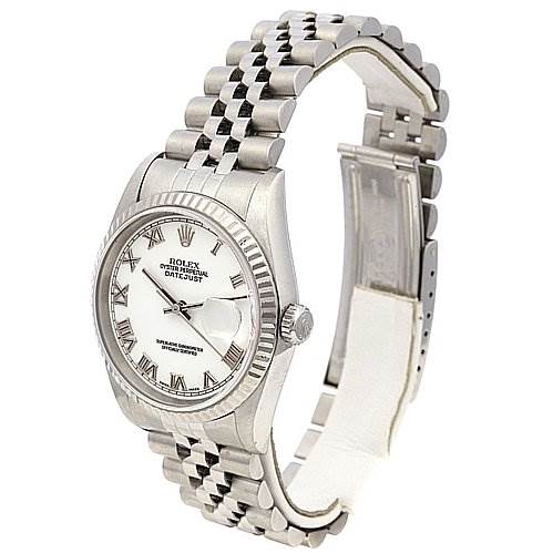 The image shows a Rolex Datejust 16234 Men's Stainless Steel White Dial 16234 Men's Stainless Steel White Dial watch from a front-left angle, highlighting the dial, case, crown, and two-tone bracelet.