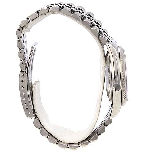 The image shows a side view of a Rolex Datejust 16234 Men's Stainless Steel White Dial 16234 Men's Stainless Steel White Dial watch, highlighting its bracelet and case.