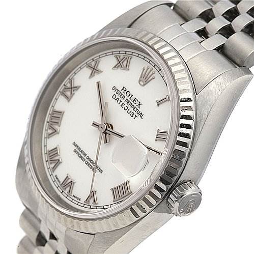 The image shows a close-up of the face, bezel, and part of the bracelet of a Rolex Datejust 16234 Men's Stainless Steel White Dial 16234 Men's Stainless Steel White Dial watch.