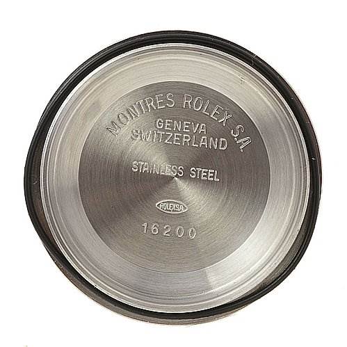 The image shows the inner side of the case back for a Rolex Datejust 16234 Men's Stainless Steel White Dial 16234 Men's Stainless Steel White Dial model, engraved with branding and material information.