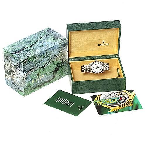 The image shows a Rolex Datejust 16234 Men's Stainless Steel White Dial 16234 Men's Stainless Steel White Dial watch in its presentation box, alongside the outer box, manuals, and additional links.