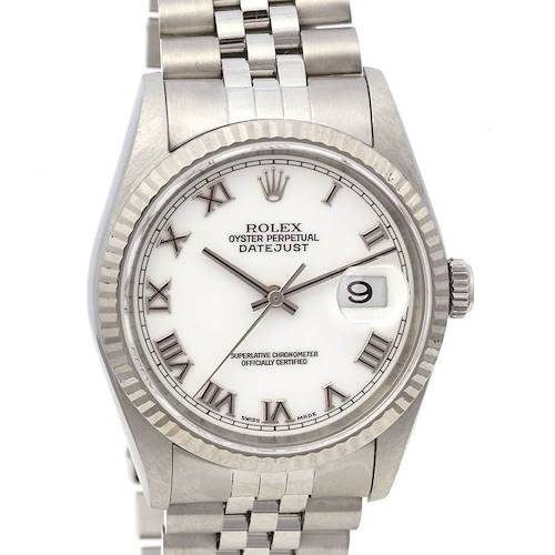 Photo of Rolex Datejust Mens Ss 18k Gold White Roman Dial 16234