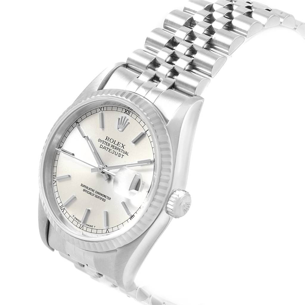 The image shows a Rolex Datejust 16234 Men's Stainless Steel Silver Dial 16234 Men's Stainless Steel Silver Dial watch at an angled view highlighting the face, bezel, and bracelet.