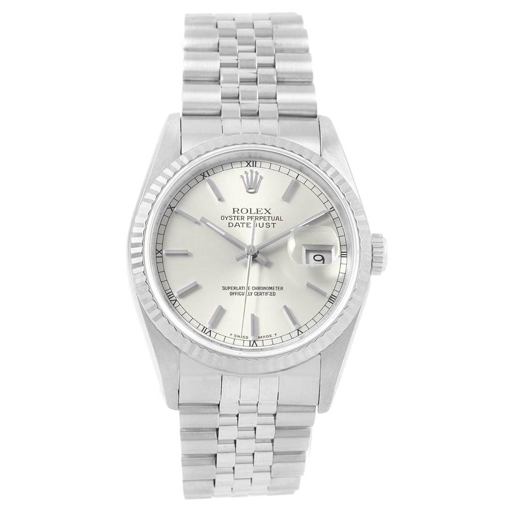 The image shows a front view of a Rolex Datejust 16234 Men's Stainless Steel Silver Dial 16234 Men's Stainless Steel Silver Dial, displaying the dial, bezel, date window, and bracelet.
