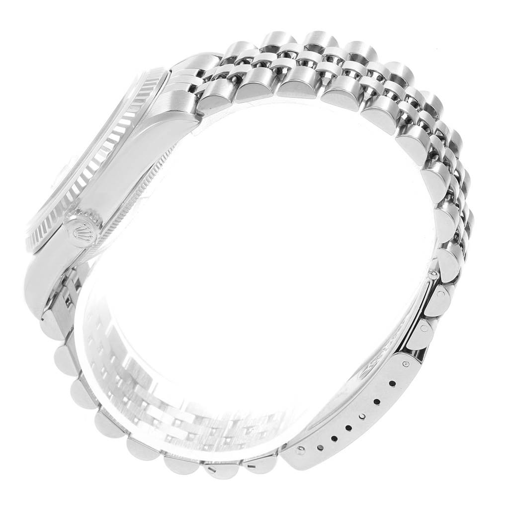 This image shows a side view of the Rolex Datejust 16234 Men's Stainless Steel Silver Dial 16234 Men's Stainless Steel Silver Dial model, focusing on the case, crown, and bracelet.