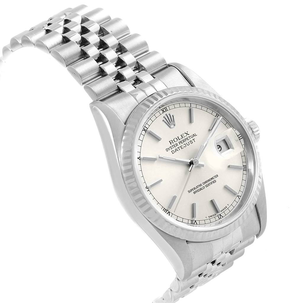 This image shows a Rolex Datejust 16234 Men's Stainless Steel Silver Dial 16234 Men's Stainless Steel Silver Dial watch at a slight angled view, displaying its dial, bezel, crown, and part of the bracelet.