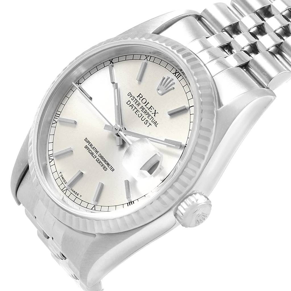 The image shows a close-up, angled view of the Rolex Datejust 16234 Men's Stainless Steel Silver Dial 16234 Men's Stainless Steel Silver Dial watch, highlighting its face, bezel, crown, and part of the bracelet.