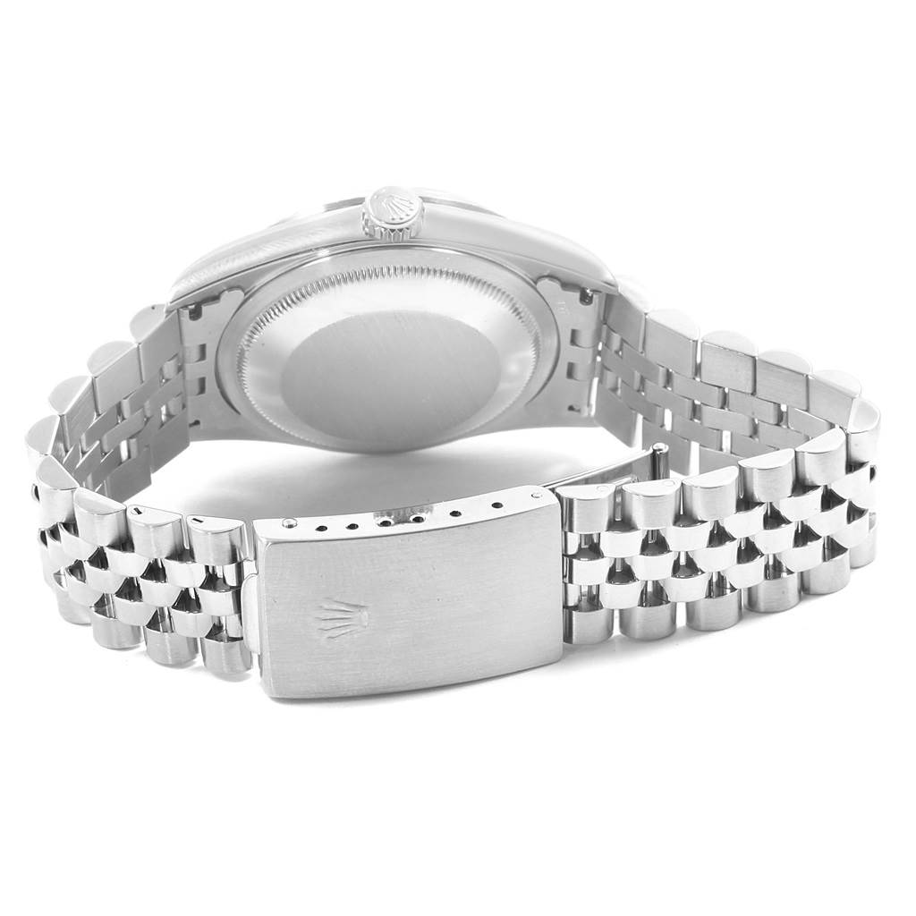 This image shows the back view of a Rolex Datejust 16234 Men's Stainless Steel Silver Dial 16234 Men's Stainless Steel Silver Dial model watch, featuring its case back and Jubilee bracelet with a clasp.