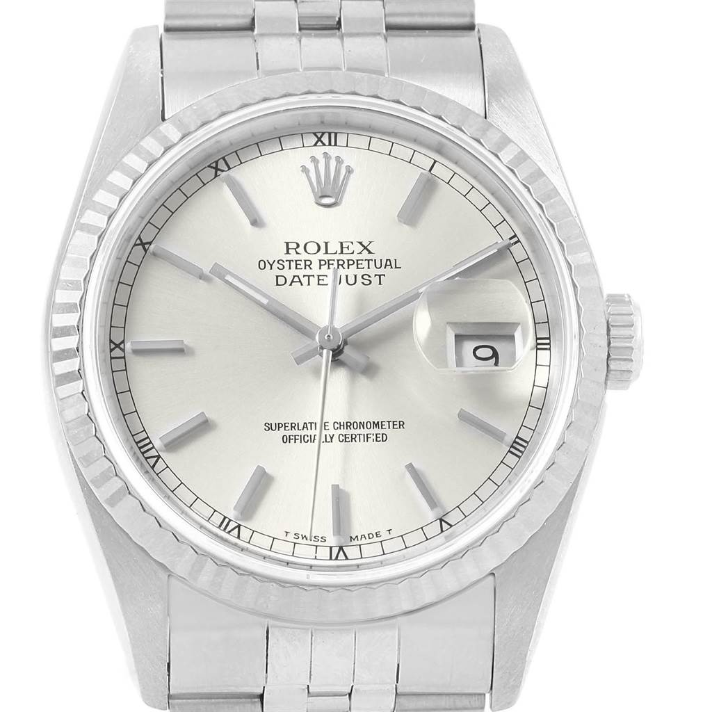 The image shows a front view of the Rolex Datejust 16234 Men's Stainless Steel Silver Dial 16234 Men's Stainless Steel Silver Dial watch, displaying its face, bezel, and part of the bracelet.