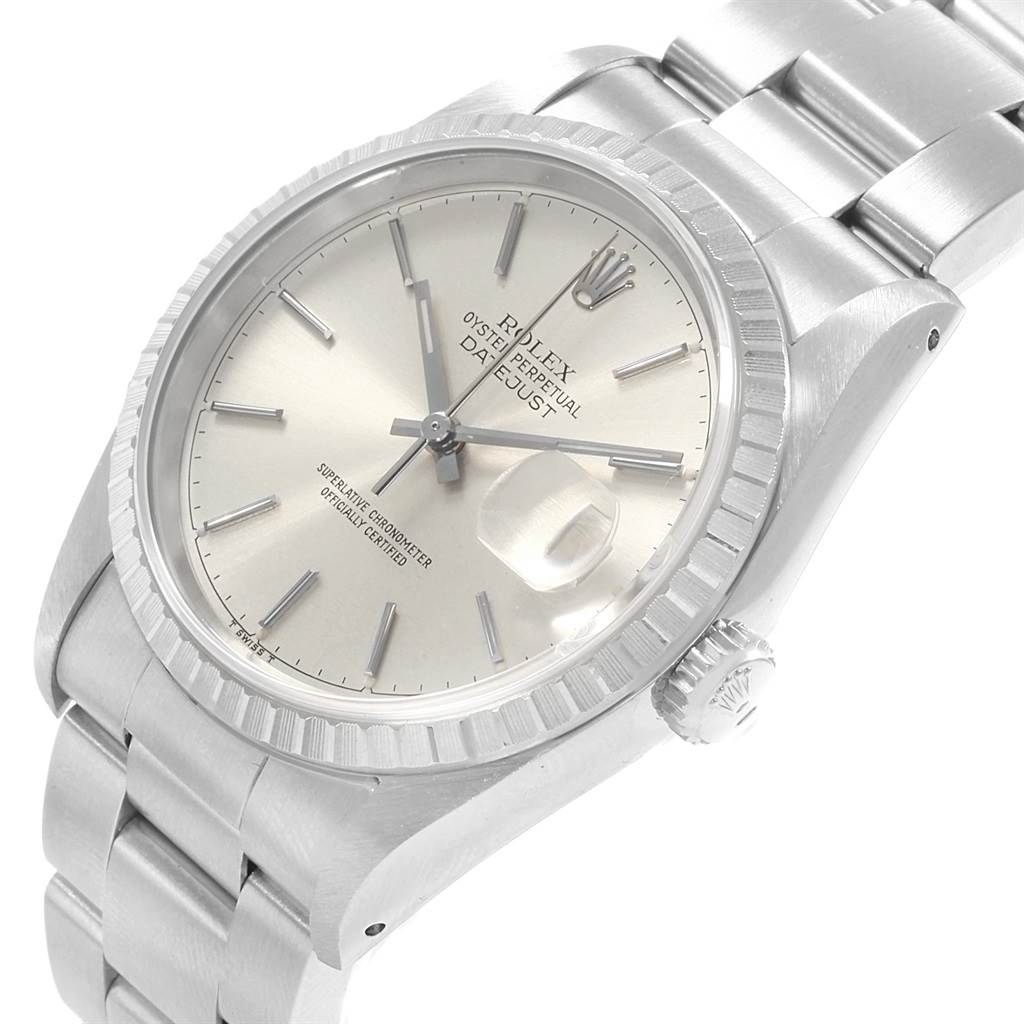 This image shows a close-up, angled view of the face, bezel, and band of a Rolex Datejust 16220 Men's Stainless Steel Silver Dial 16220 Men's Stainless Steel Silver Dial model watch.