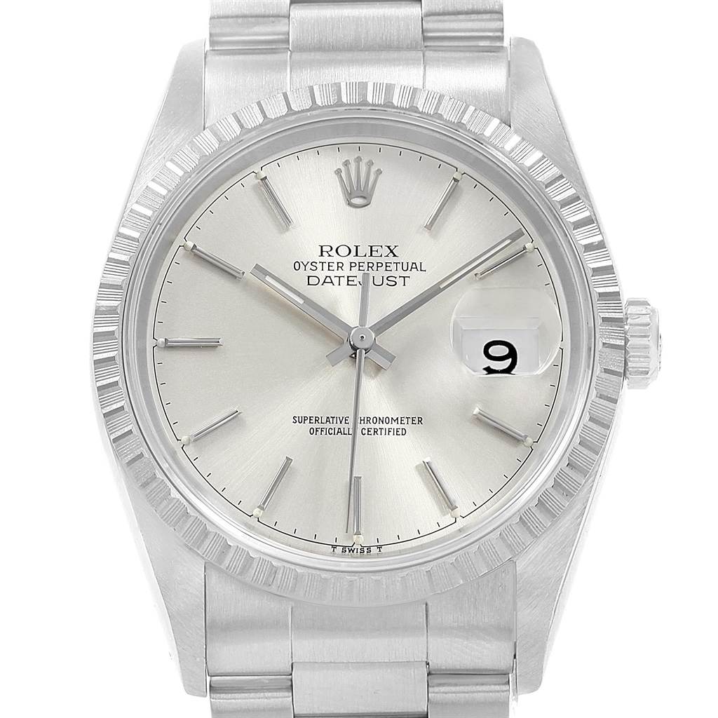 The image shows a front view of the Rolex Datejust 16220 Men's Stainless Steel Silver Dial 16220 Men's Stainless Steel Silver Dial watch, including the bezel, dial, hands, crown, and date window.