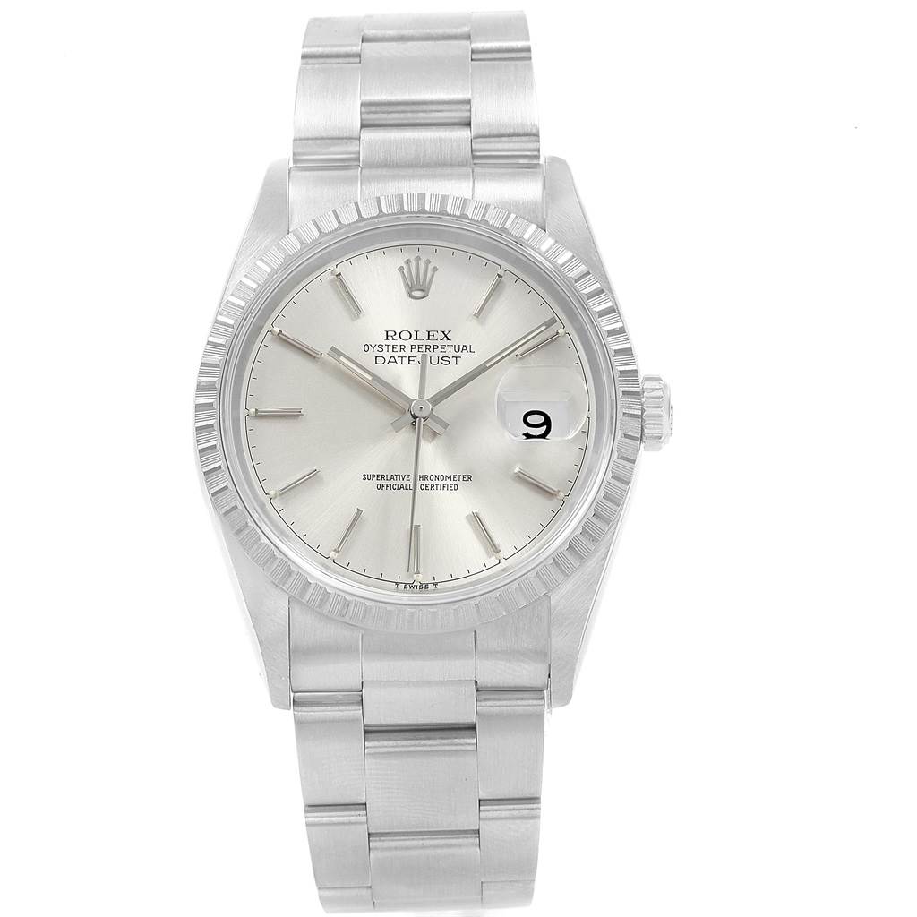 This image shows a Rolex Datejust 16220 Men's Stainless Steel Silver Dial 16220 Men's Stainless Steel Silver Dial model watch from a front angle, highlighting its dial, bezel, crown, and bracelet.