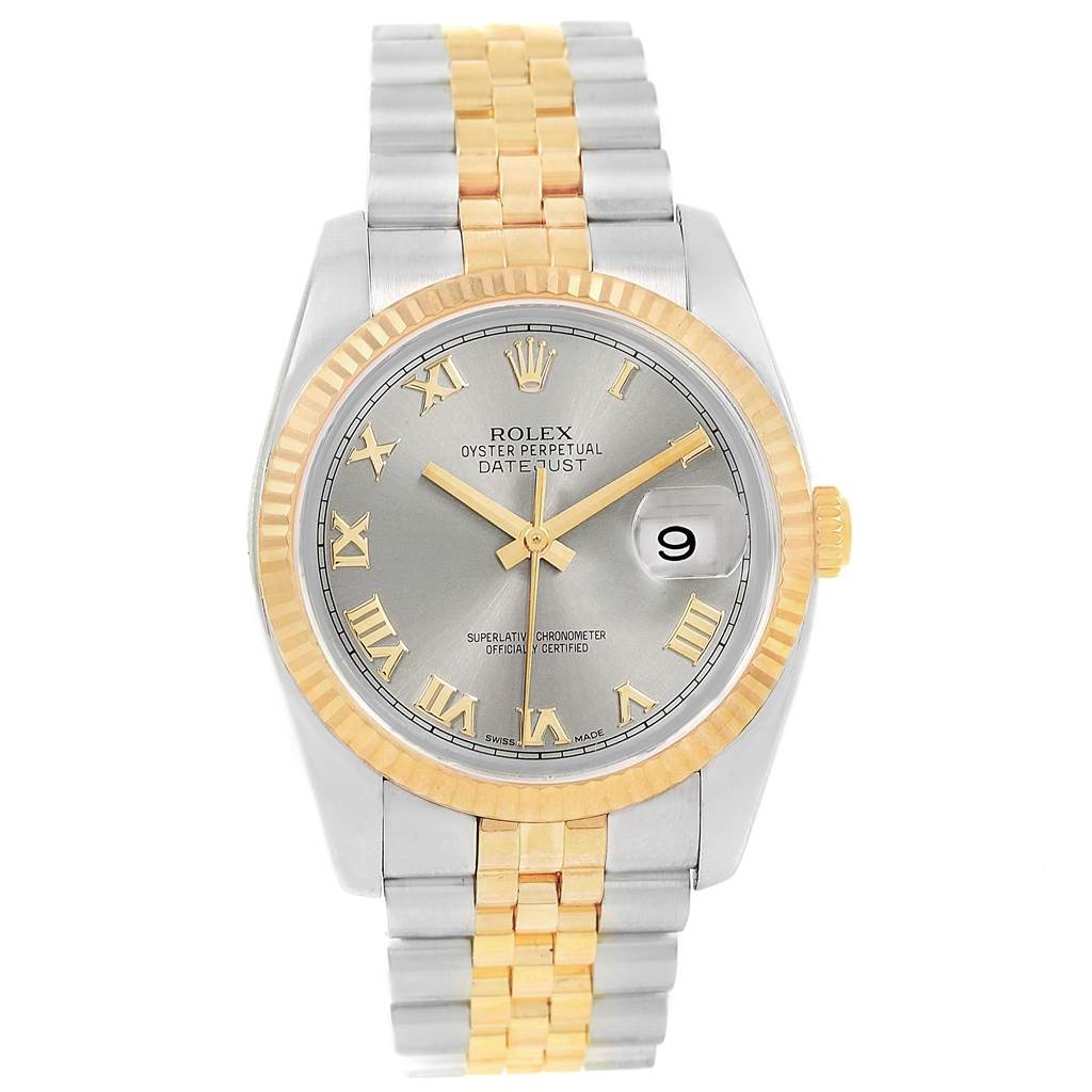 The image shows a front view of a Rolex Datejust 116233 Men's Stainless Steel Silver Dial 116233 Men's Stainless Steel Silver Dial watch with a silver dial, gold Roman numerals, and a two-tone metal bracelet.
