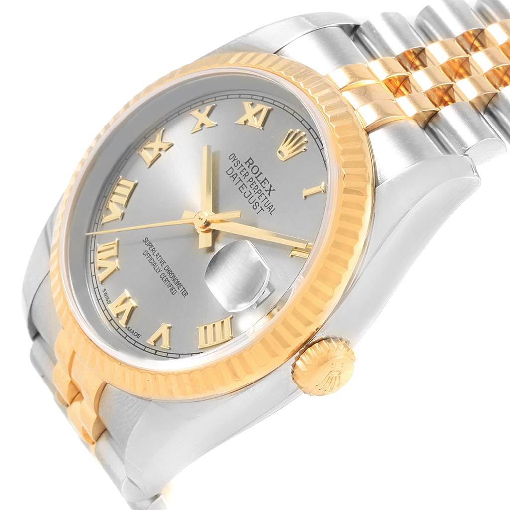 The image shows a close-up angled view of the Rolex Datejust 116233 Men's Stainless Steel Silver Dial 116233 Men's Stainless Steel Silver Dial watch, highlighting its dial, bezel, and two-tone bracelet.