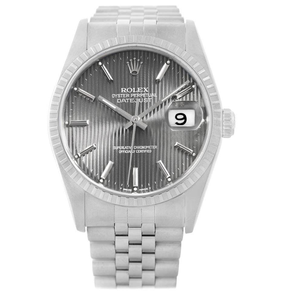 The image shows a frontal view of a Rolex Datejust 16220 Men's Stainless Steel Grey Dial 16220 Men's Stainless Steel Grey Dial watch, featuring the dial, date display, and part of the bracelet.