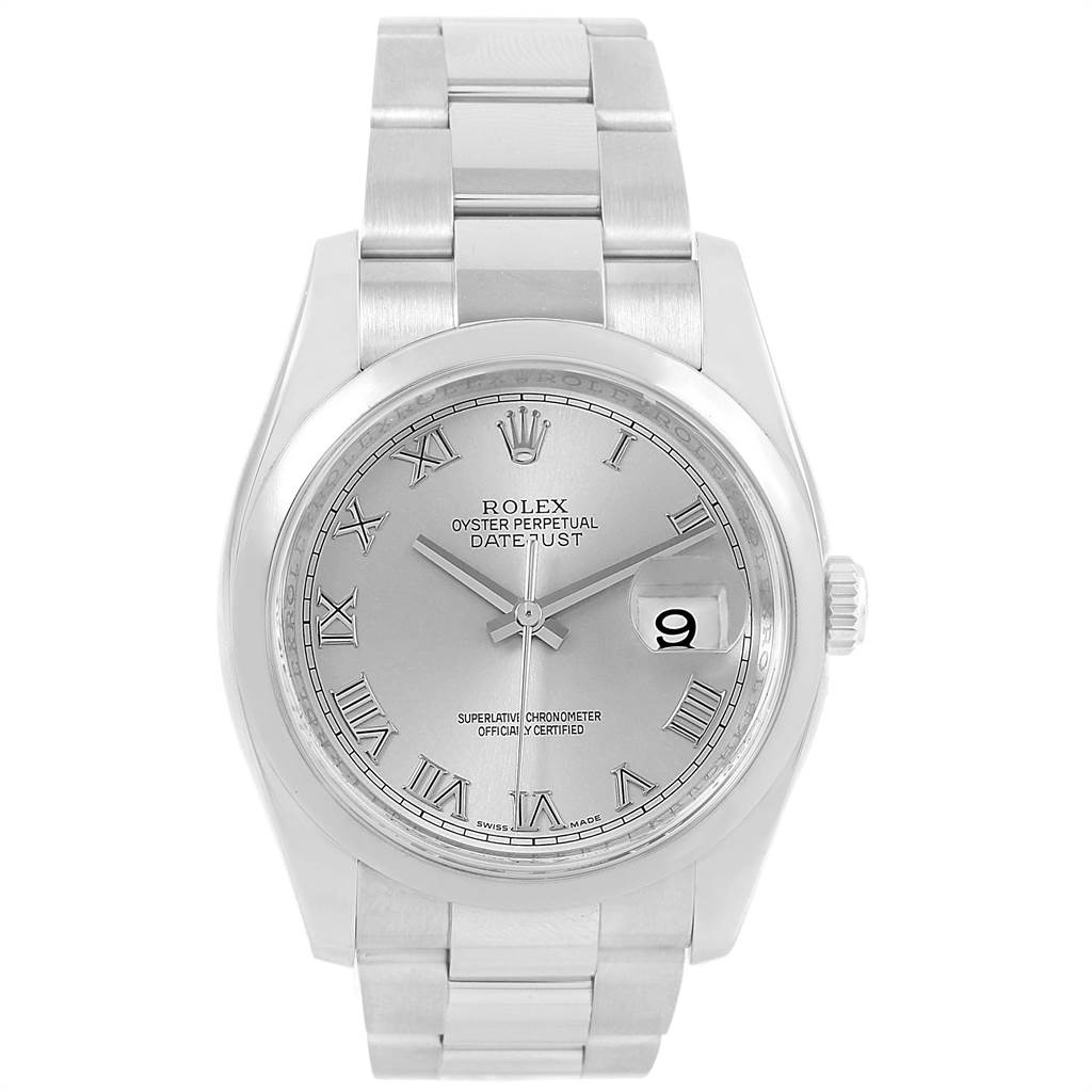 The image shows a front view of the Rolex Datejust 116200 Men's Stainless Steel Silver Dial 116200 Men's Stainless Steel Silver Dial watch, including its dial, hands, crown, case, and bracelet.