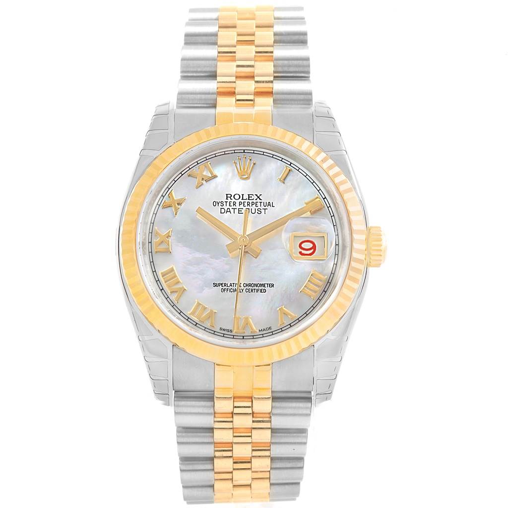 The image shows a Rolex Datejust 116233 Men's Steel and Gold (two tone) Mother of Pearl Dial 116233 Men's Steel and Gold (two tone) Mother of Pearl Dial watch with a two-tone bracelet, gold bezel, and white dial, displayed from the front.
