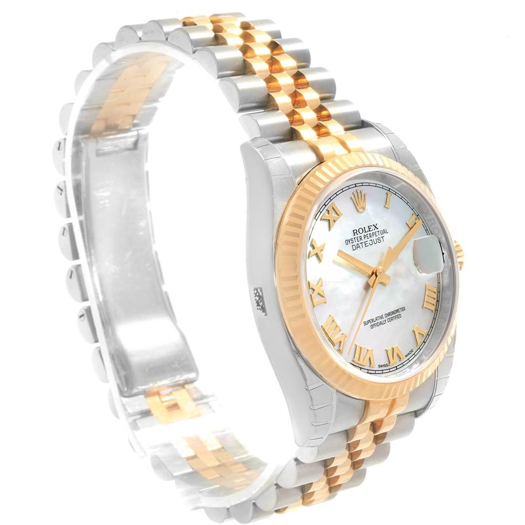 This image shows a Rolex Datejust 116233 Men's Steel and Gold (two tone) Mother of Pearl Dial 116233 Men's Steel and Gold (two tone) Mother of Pearl Dial watch angled from the front-left, highlighting the watch face and two-tone bracelet.