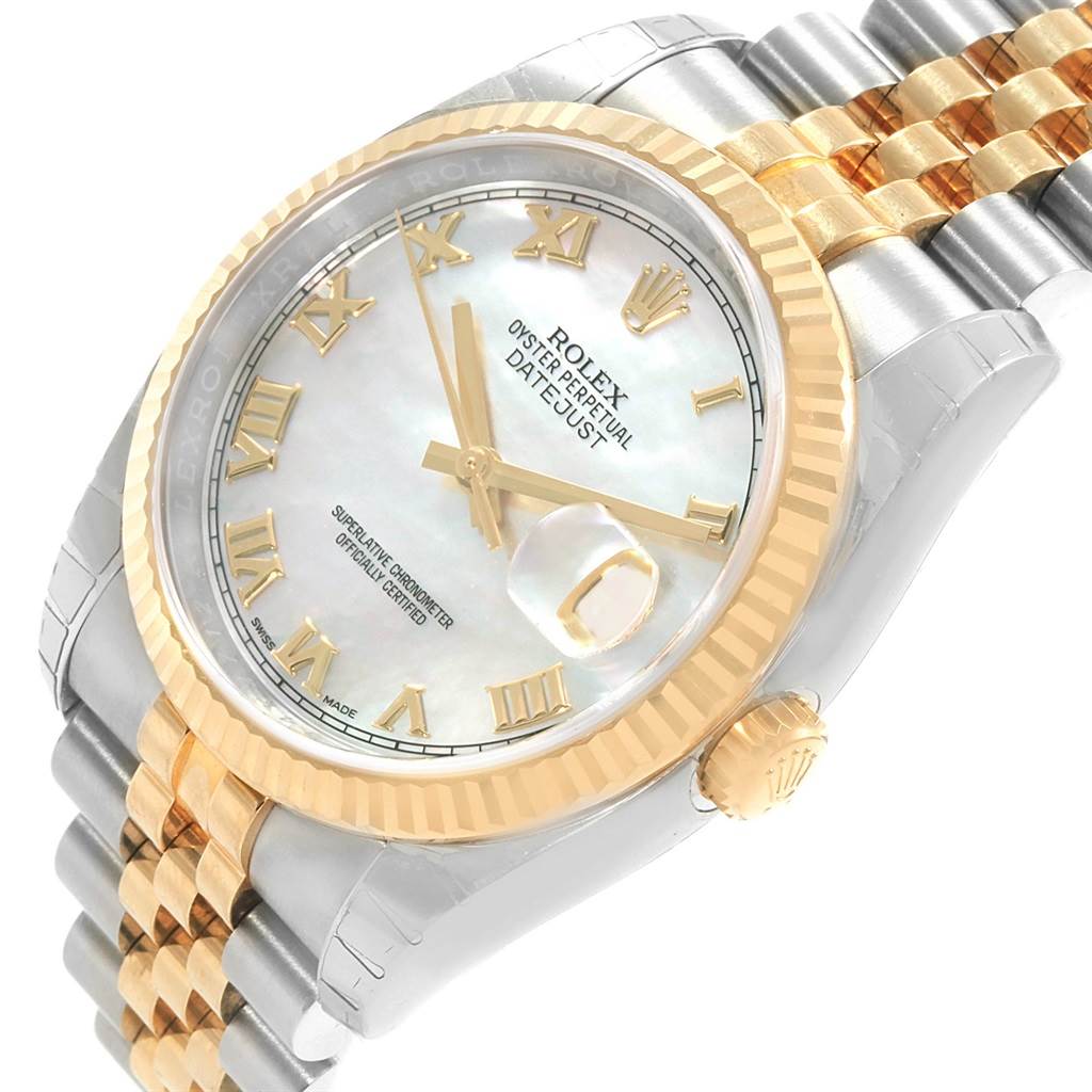 The image shows a close-up view of a Rolex Datejust 116233 Men's Steel and Gold (two tone) Mother of Pearl Dial 116233 Men's Steel and Gold (two tone) Mother of Pearl Dial, highlighting its dial, bezel, and part of the bracelet.