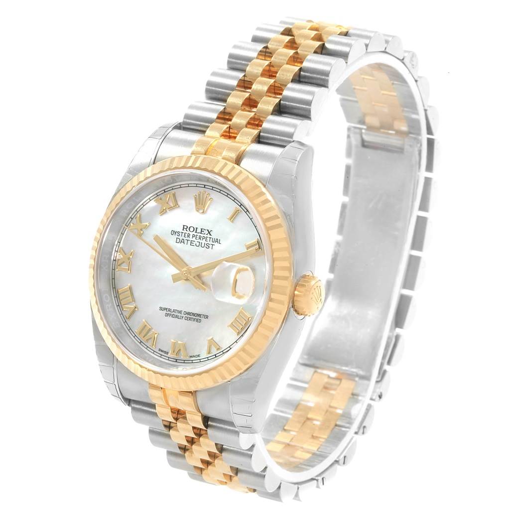 The Rolex Datejust 116233 Men's Steel and Gold (two tone) Mother of Pearl Dial 116233 Men's Steel and Gold (two tone) Mother of Pearl Dial model is shown from a front angle, highlighting the dial, bezel, and the two-tone bracelet.