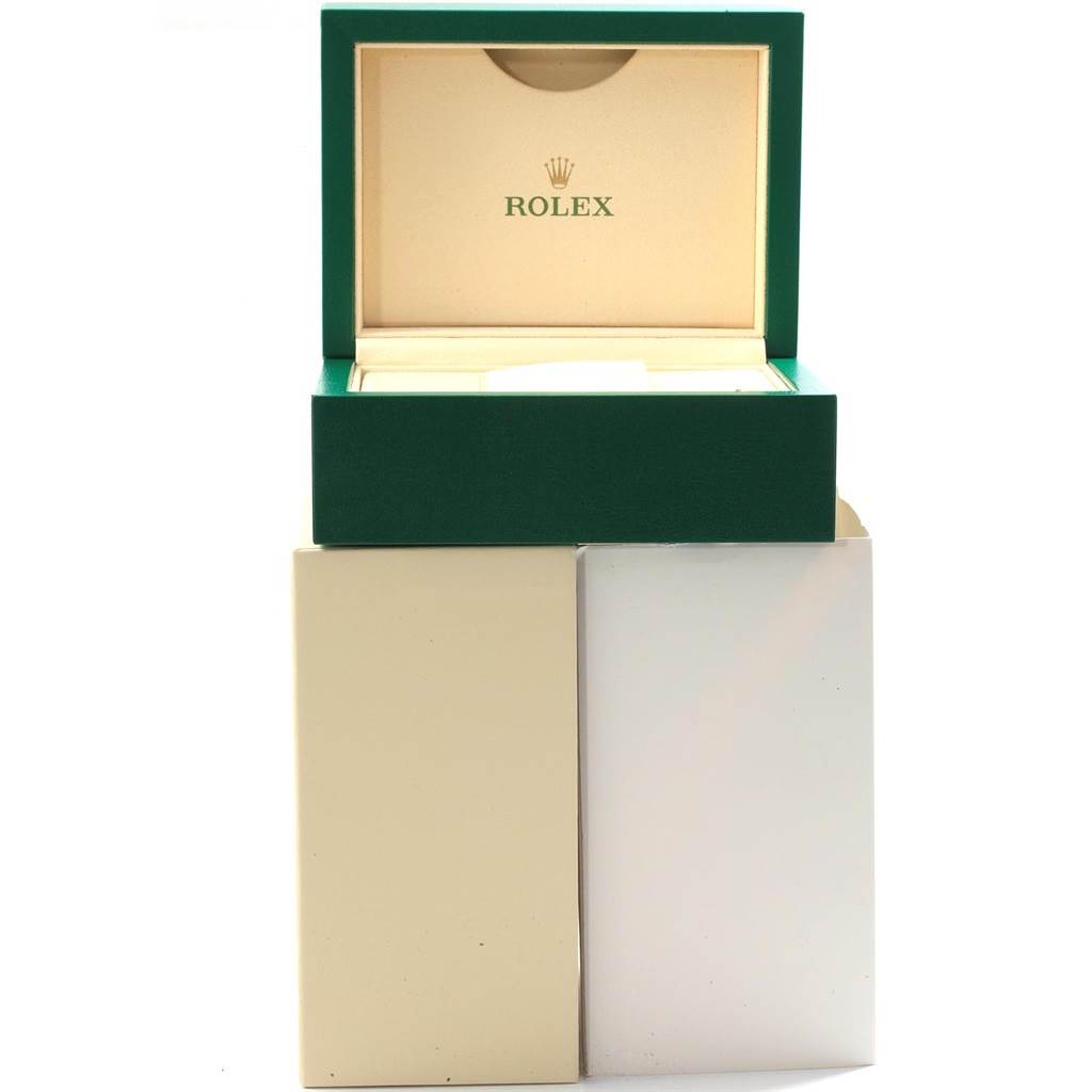 The image shows a Rolex Datejust 116233 Men's Steel and Gold (two tone) Mother of Pearl Dial 116233 Men's Steel and Gold (two tone) Mother of Pearl Dial watch box and packaging from a frontal angle, with the lid open.