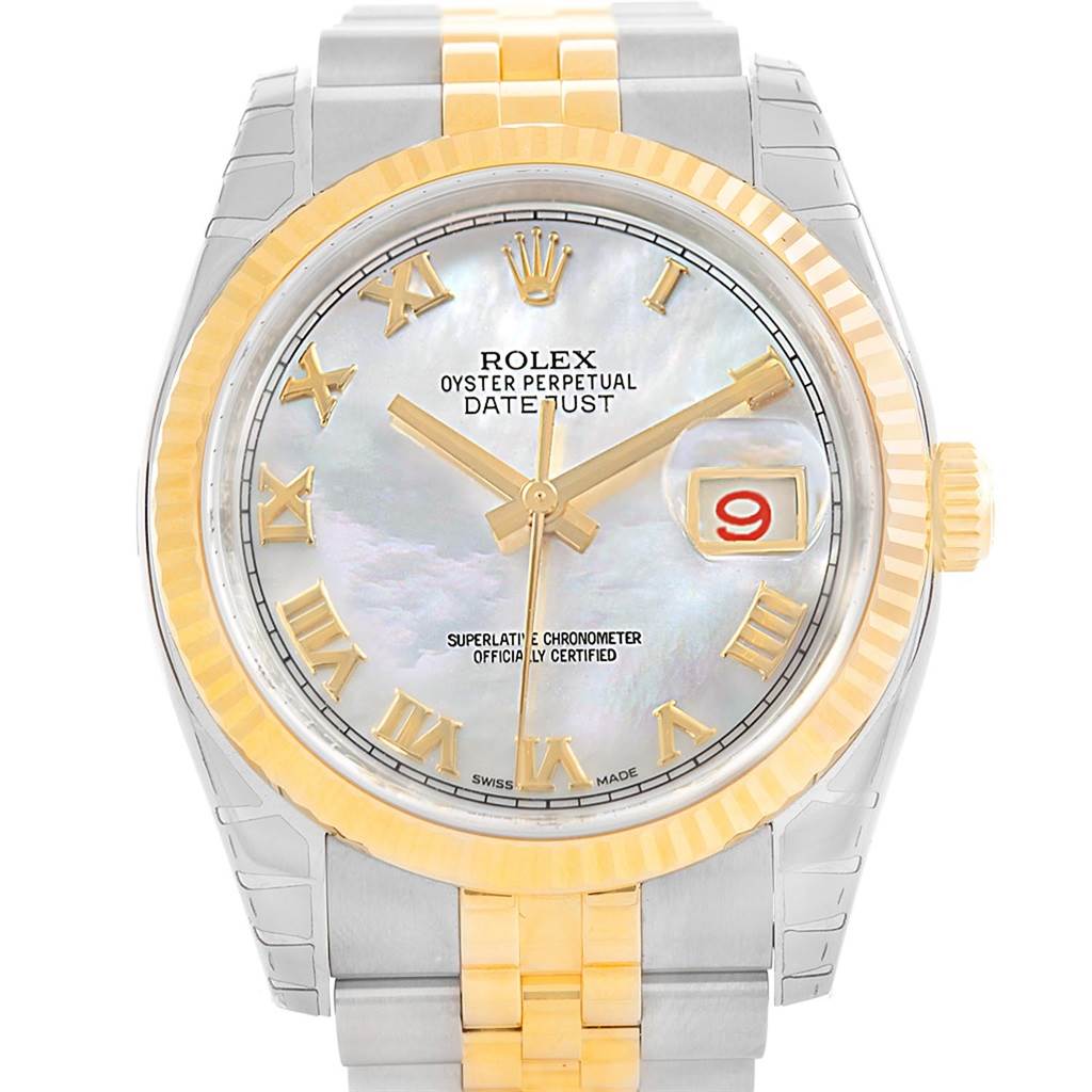 This image shows a front view of a Rolex Datejust 116233 Men's Steel and Gold (two tone) Mother of Pearl Dial 116233 Men's Steel and Gold (two tone) Mother of Pearl Dial watch with two-tone gold and silver elements.