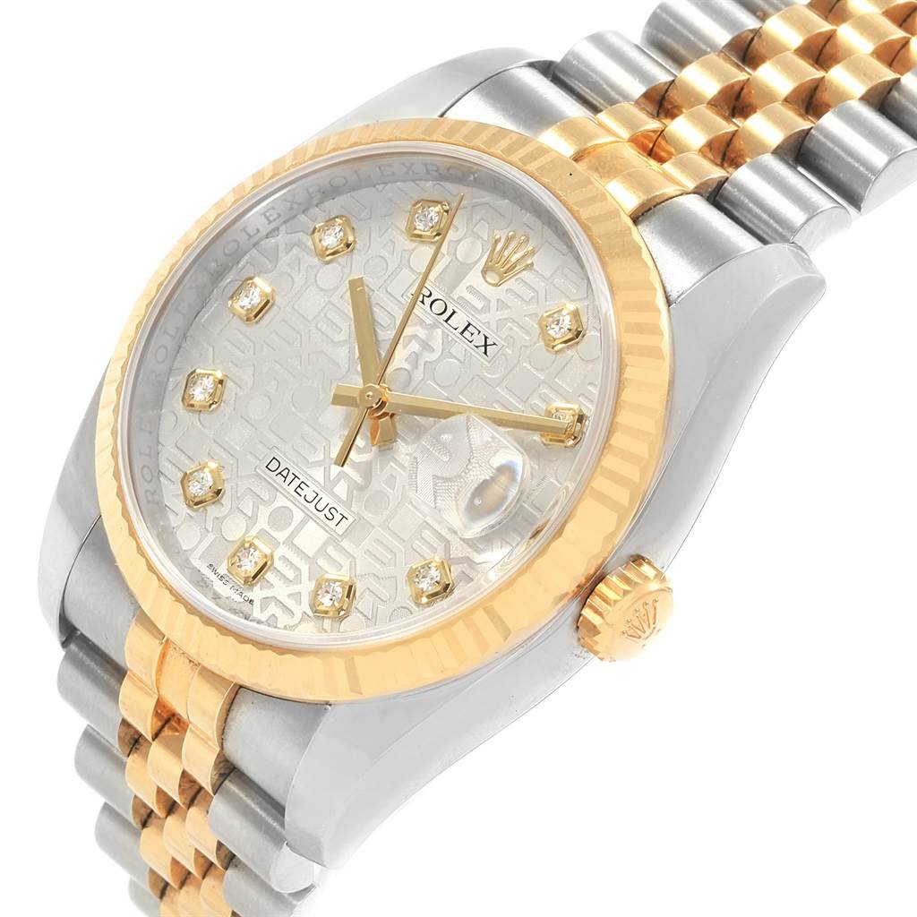 The Rolex Datejust 116233 Men's Stainless Steel Silver Dial 116233 Men's Stainless Steel Silver Dial watch is shown at an angled view, highlighting the face, bezel, crown, and the two-tone bracelet.