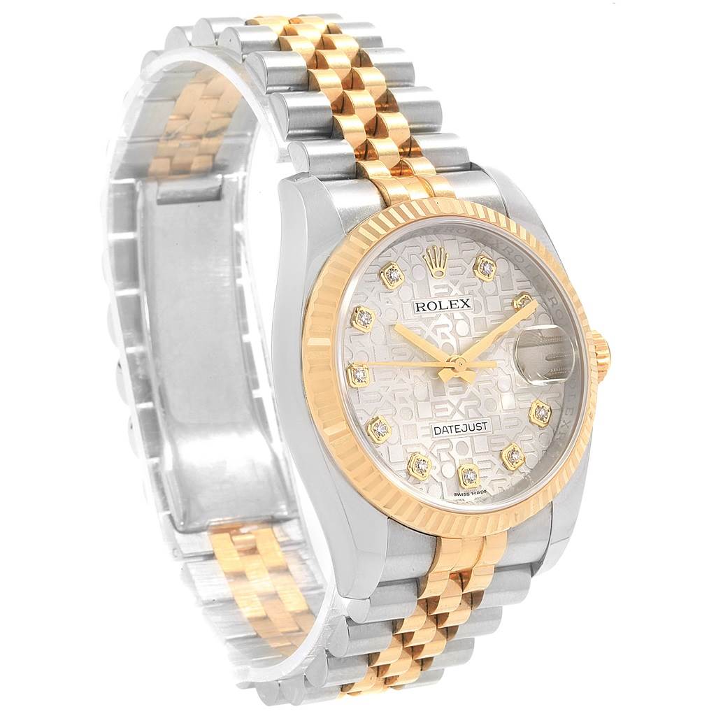The image shows a front-side angle of the Rolex Datejust 116233 Men's Stainless Steel Silver Dial 116233 Men's Stainless Steel Silver Dial watch, highlighting the two-tone bracelet and diamond hour markers.