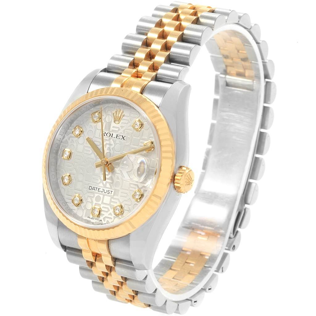 The image shows a Rolex Datejust 116233 Men's Stainless Steel Silver Dial 116233 Men's Stainless Steel Silver Dial watch at an angle highlighting the dial, bezel, and two-tone bracelet.