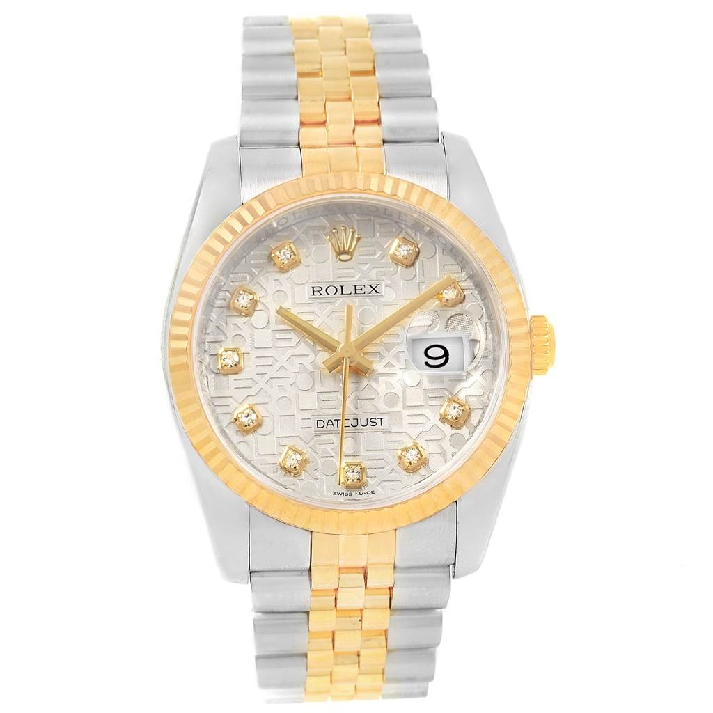 This Rolex Datejust 116233 Men's Stainless Steel Silver Dial 116233 Men's Stainless Steel Silver Dial watch is shown from a front angle, highlighting its dial, bezel, and two-tone bracelet.