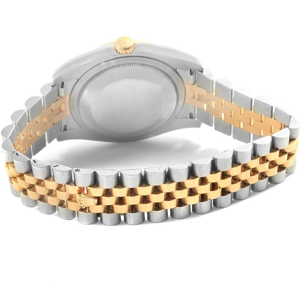 The image shows the back view of a Rolex Datejust 116233 Men's Stainless Steel Silver Dial 116233 Men's Stainless Steel Silver Dial watch with its two-tone Jubilee bracelet.