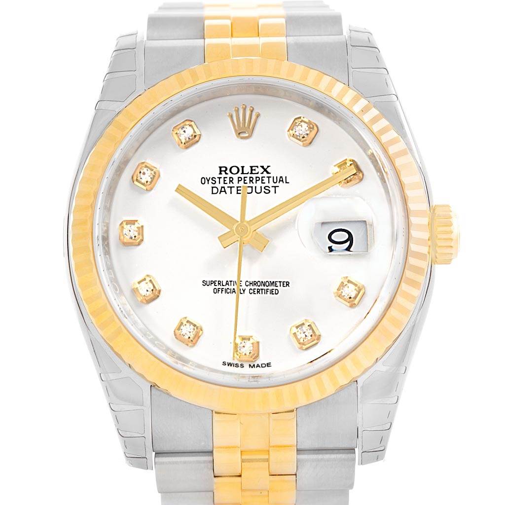 The image shows a front view of the Rolex Datejust 116233 Men's Stainless Steel White Dial 116233 Men's Stainless Steel White Dial watch, highlighting its dial, fluted bezel, and two-tone bracelet.