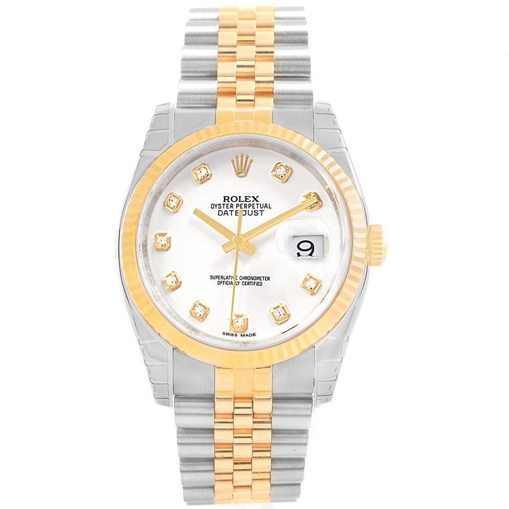 This is a front view of a Rolex Datejust 116233 Men's Stainless Steel White Dial 116233 Men's Stainless Steel White Dial model watch, showing the face, bezel, crown, and part of the bracelet.